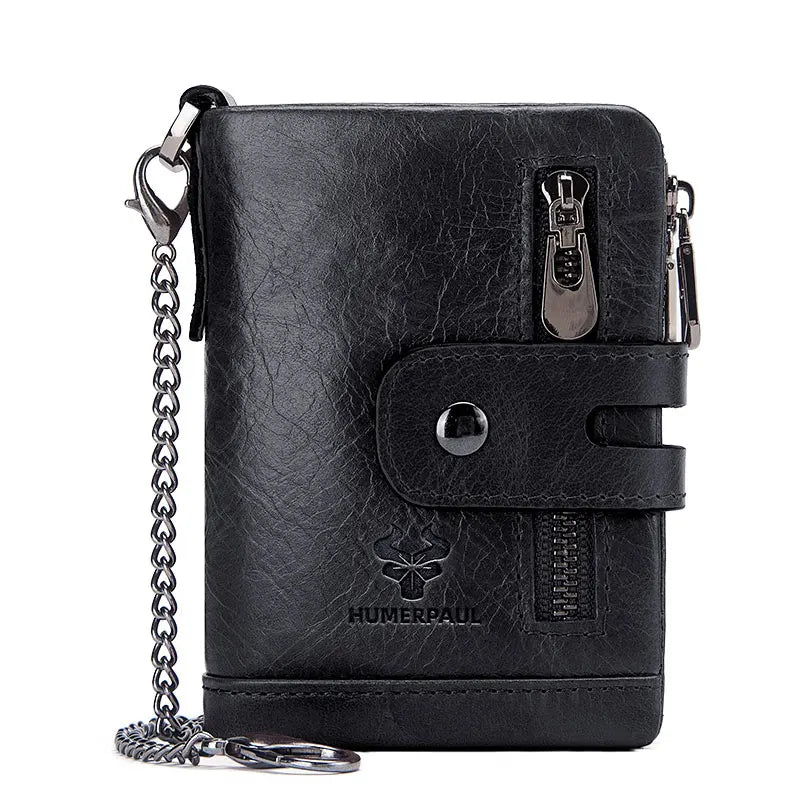 LAREET Fashion Genuine Leather Wallet With Cowhide For Men Money Card Holder Purse RFID Short Double Zipper Coin Pocket Bifold