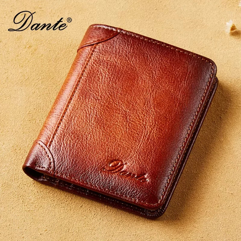 Dante Men's Leather Wallet RFID Anti-theft Brush Head Layer Cowhide Retro Casual Vertical Multi-Function Money Bag Money Clips