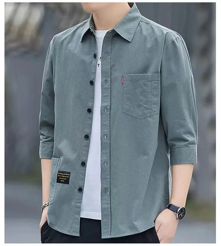 Men shirts Summer Men's clothing Short-Sleeved shirts & blouses Daily Solid Color Stand-Up Collar Casual Beach Style Male Shirt