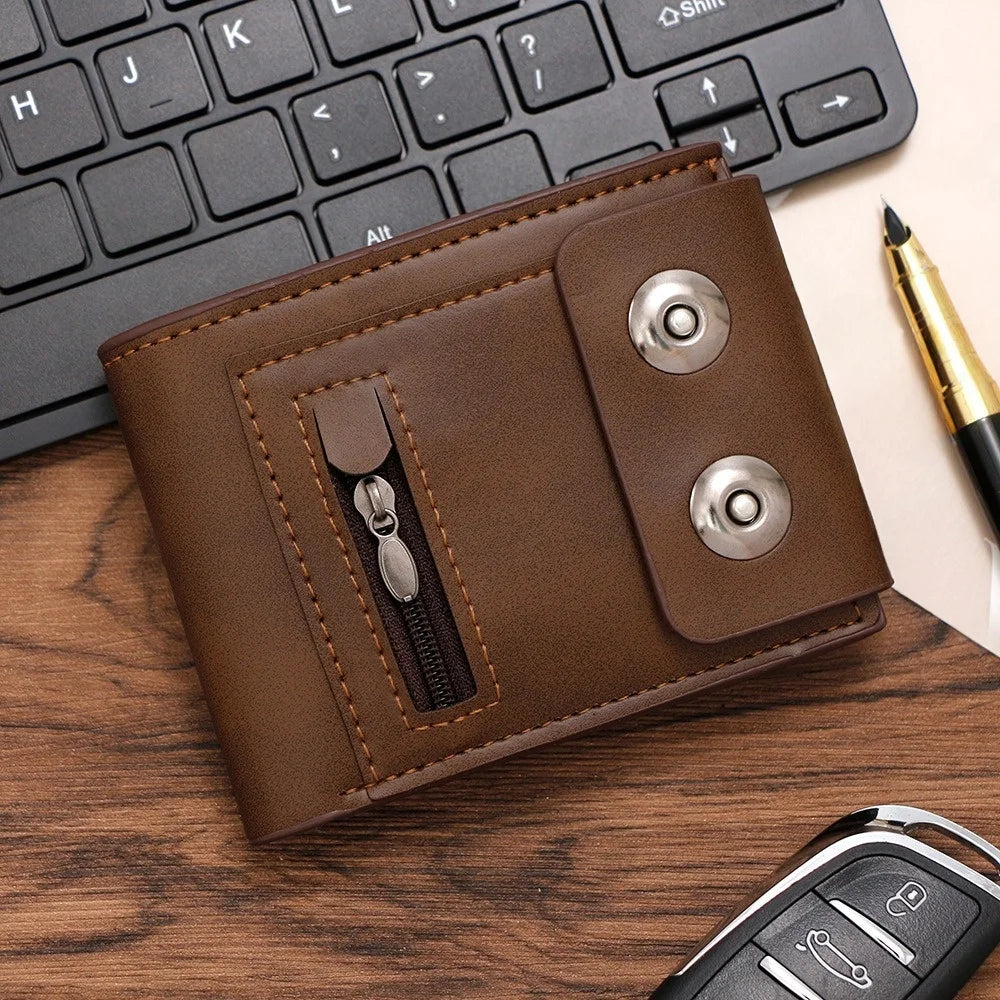 Fashion PU Leather Men's Wallet Magnetic Buckle Solid Color Short Card Bag Large Capacity Anti-Theft Business Wallet Daily Use