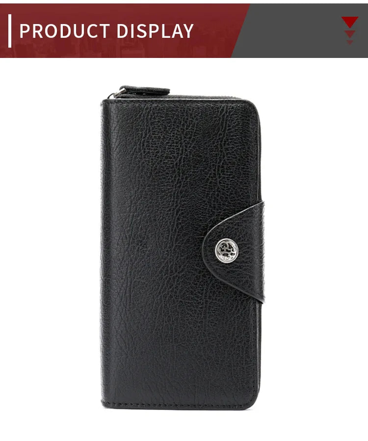 Leather long wallet men's top layer cowhide black business wallet horizontal square hand-held bag