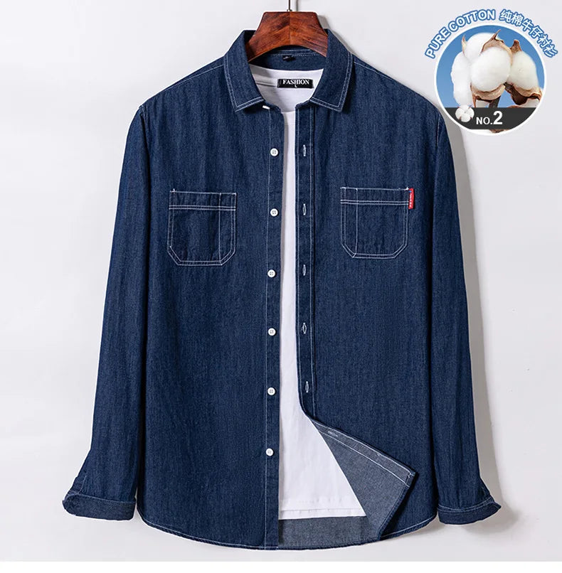 New men's long-sleeved shirt 100% cotton denim spring/summer casual non-ironing high quality breathable plus size solid color