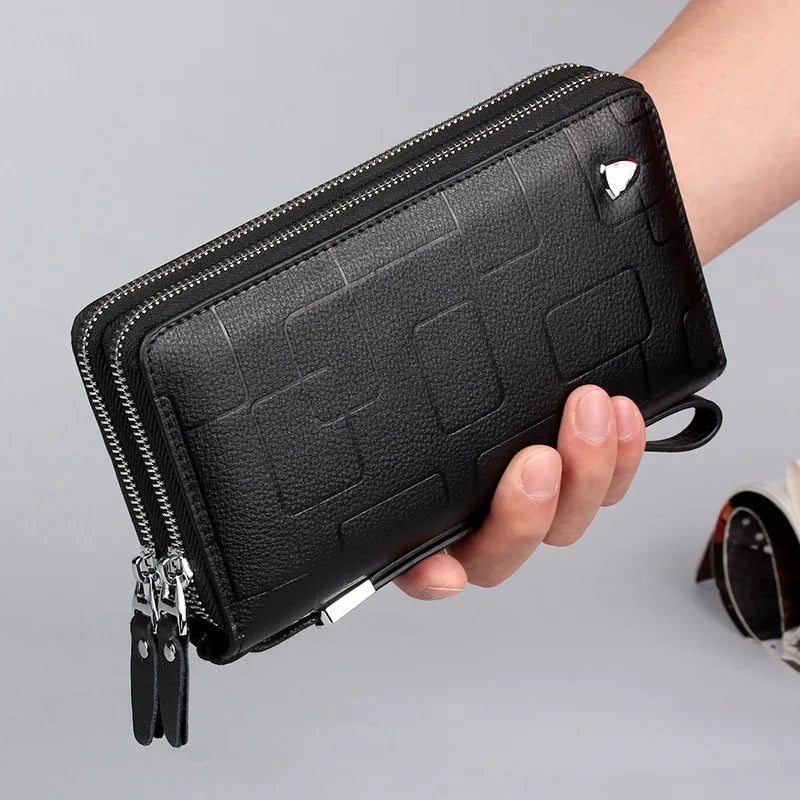 Men's Leather Long Wallet Double Zipper Clutch Purse with Wrist Strap Geometric Pattern Card Holder Organizer for Business