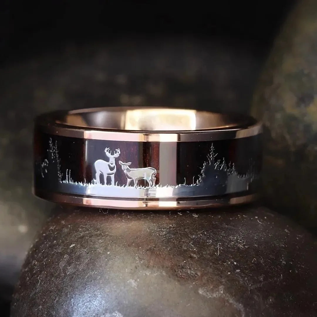 Fashion Deer Family Black Hunting Stainless Steel Rings for Men Women KOA Wood Inlay Beveled Polished Edge Wedding Bands Jewelry