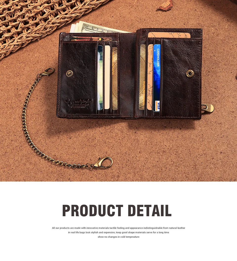 Real Leather Wallet for Men RFID Blocking Credit Card Holder Purse Male Short Bifold Zipper Coin Pocket with Anti-Theft Chain
