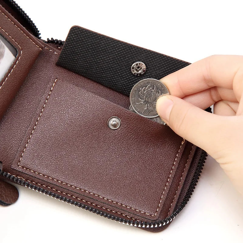 Men’s PU Waxed Oil Leather Wallet – Short Bifold Coin Purse with All-Around Zipper for Cash & Cards