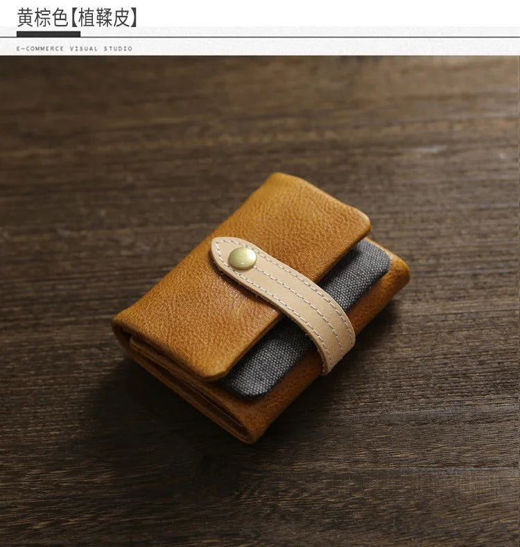 2025 Handmade Wallet Men's Short Leather Triple Fold Money Clip Cowhide Youth Buckle Student Vertical Vegetable Tanned Leather
