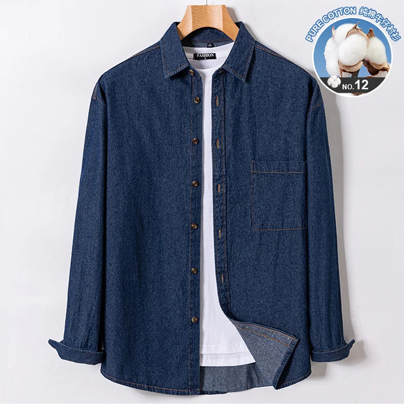 New men's long-sleeved shirt 100% cotton denim spring/summer casual non-ironing high quality breathable plus size solid color