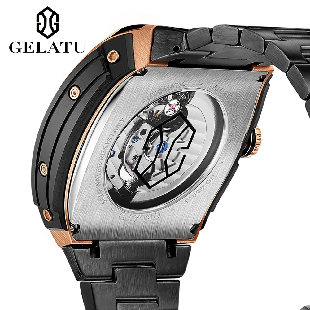 Reloj Hombre Watches Mens GELATU Top Brand Luxury Rose Black Skeleton Tourbillon Automatic Mechanical Watch for Men Waterproof
