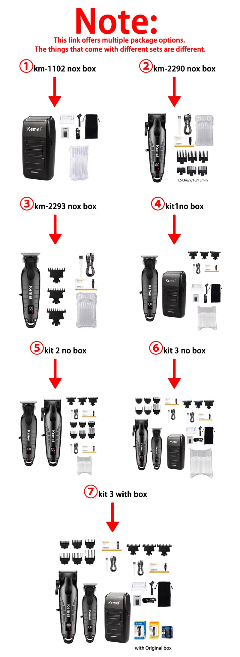 Kemei Hair Clipper Kit for Men, Electric Shaver, Hair Trimmer, Professional Cutting Machine, KM-2290, KM-2293, KM-1102
