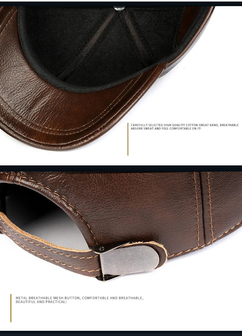 Warm Hat Man 2024 Winter Genuine Leather Baseball Caps Male Casual Cowhide Belt Ear Protect Sport Hockey Hunt Flight Casquette
