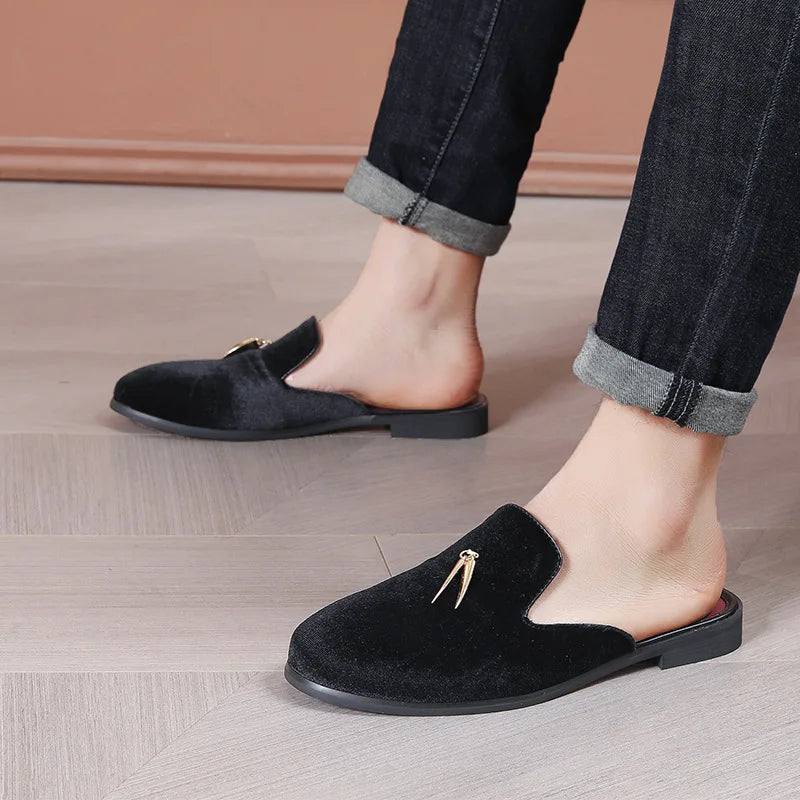 Fashion New Men Velvet Tassels Half Slippers Loafer Male Casual Purple Green Blue Black Mules Moccasins Breathable Driving Shoes