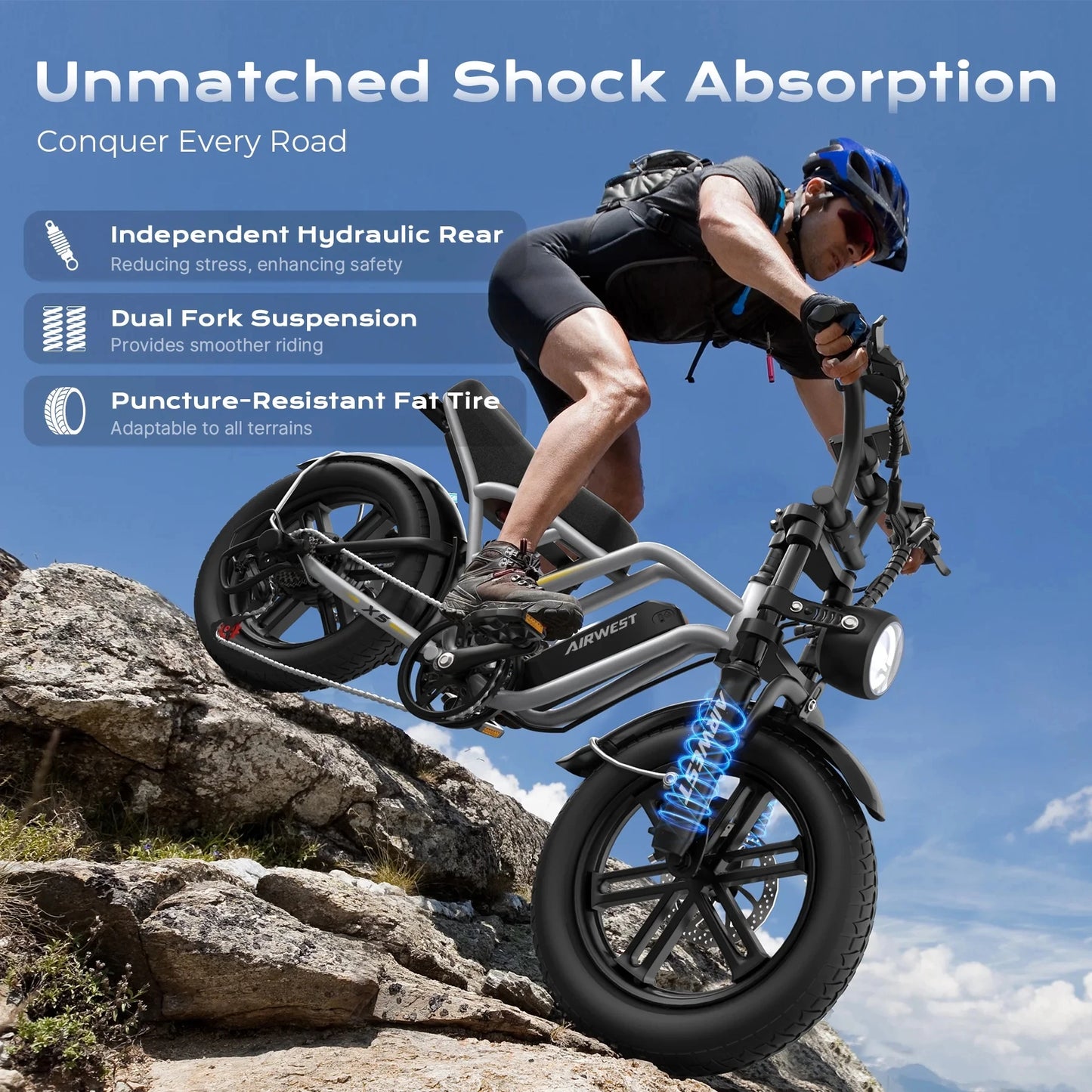 Airwest X5 Adult Electric Bike, 750W Peak Power, 48V 13Ah Battery, 20“*4 Fat Tire Ebike, 28MPH, UL 2849, 1 Year Warranty