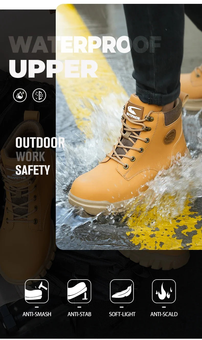 Work Safety Boots for Men, Anti-smash Steel Toe Shoes, Puncture-proof, Indestructible, Waterproof Sneakers Brown Boots