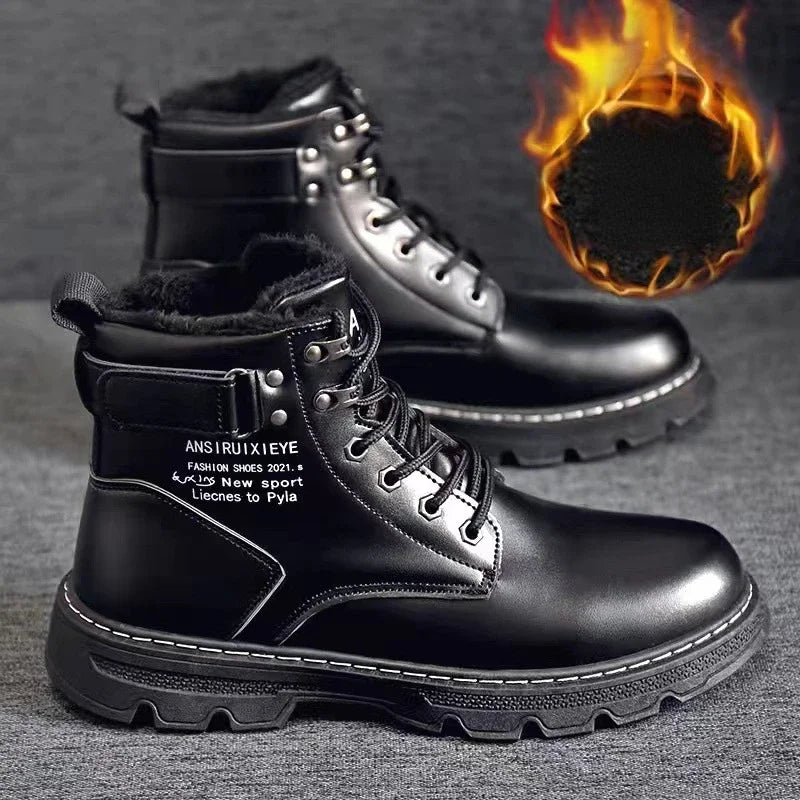 Winter Men's High Top Boots Trendy Black Motorcycle Boots Outdoor Warm Platform Boots Men Lace-up Leather Boots Bota Masculina