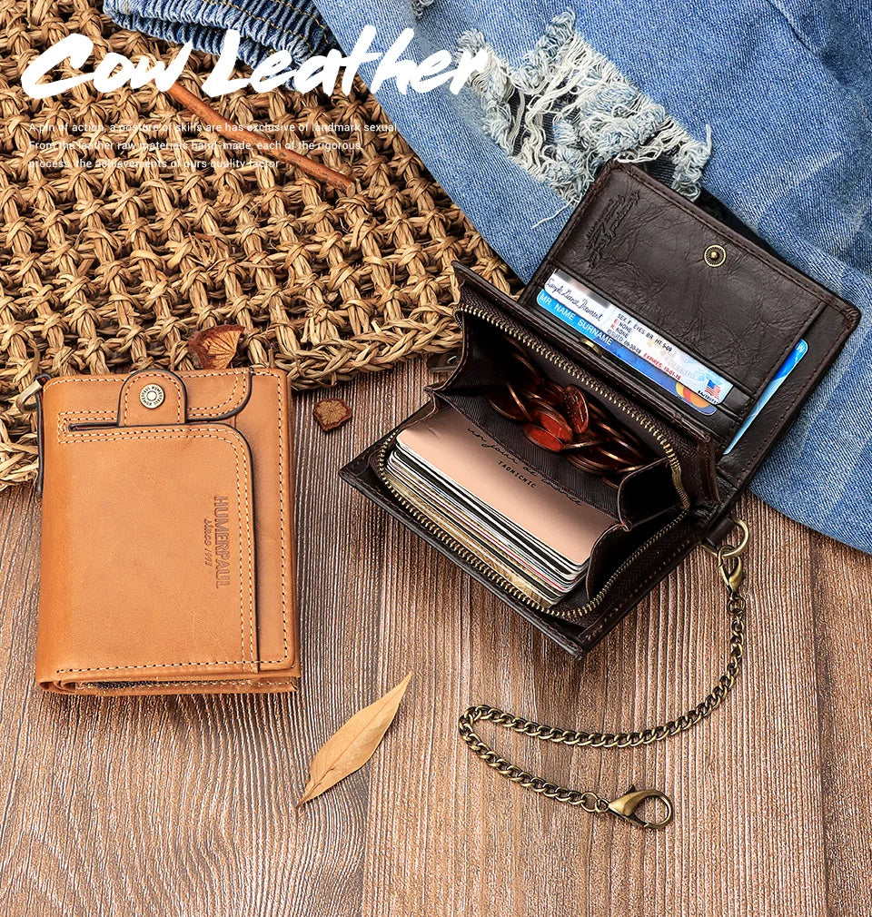 Real Leather Wallet for Men RFID Blocking Credit Card Holder Purse Male Short Bifold Zipper Coin Pocket with Anti-Theft Chain