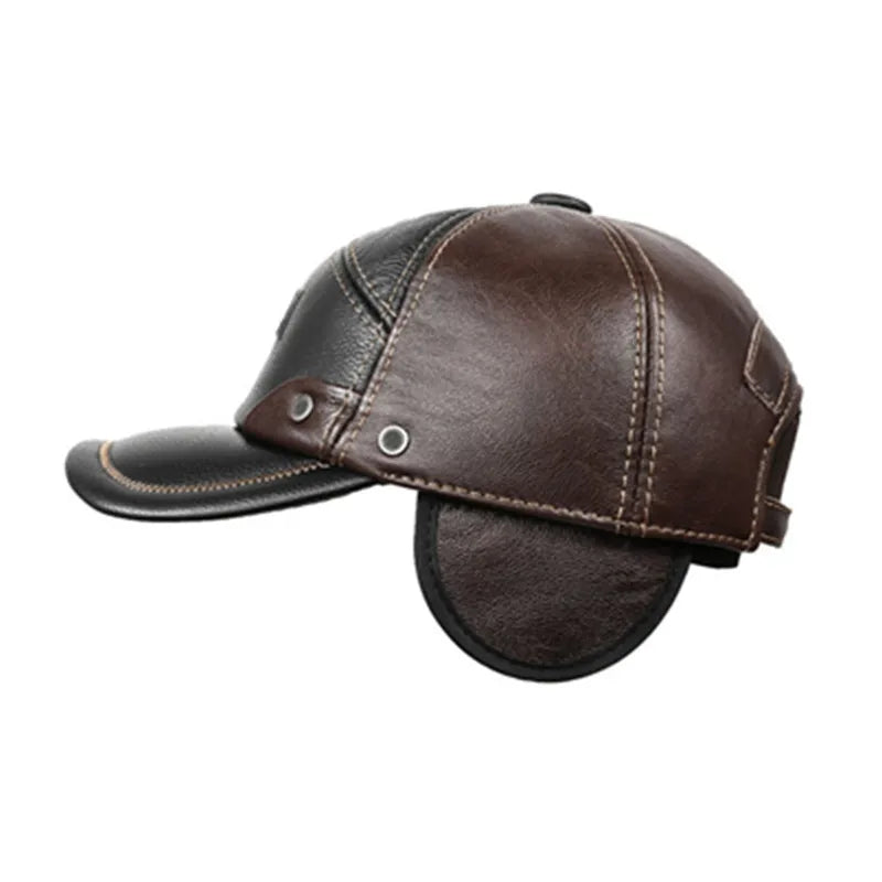 New Autumn Winter Men's Genuine Leather Cap Natural Cowhide Baseball Caps Thickened Warm Coldproof Ear Protection Earmuffs Hats