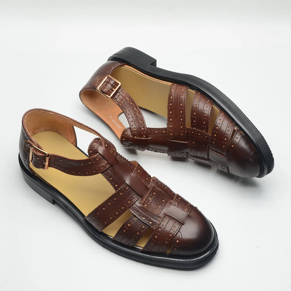 Luxury Designer Men's Summer Sandals Genuine Leather Brogue Carving Man Shoes Formal Events Social Buckle Strap Men Slippers