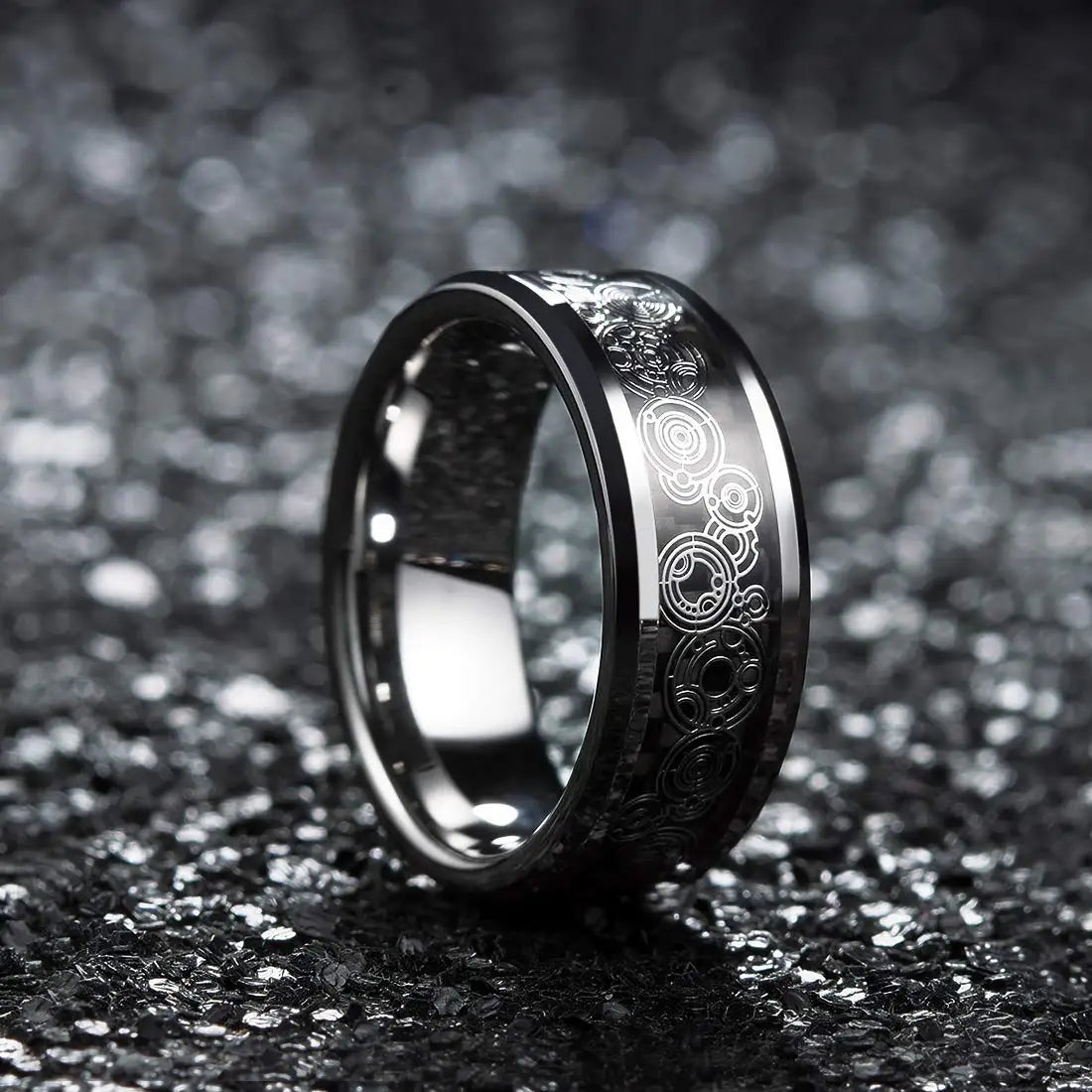 Fashion Men’s Silver Color Black Stainless Steel Ring Groove Multi-Faceted Ring For Men Women Engagement Ring Anniversary Gifts