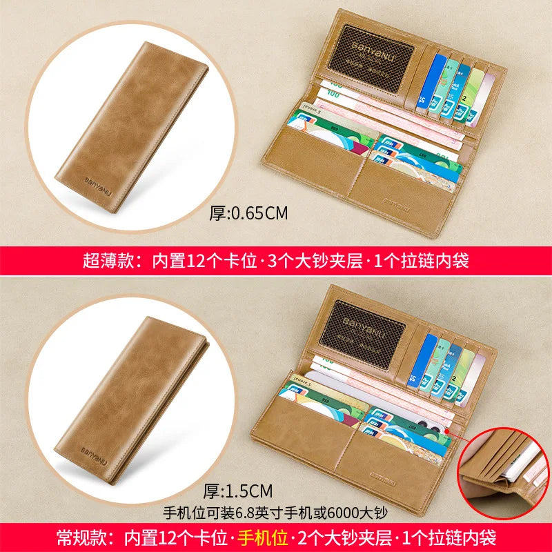 Banyanu Leather Factory Wallet Men's Long Leather Ultra Thin Anti theft Brushed Leather Wallet with Zipper Leather Wallet