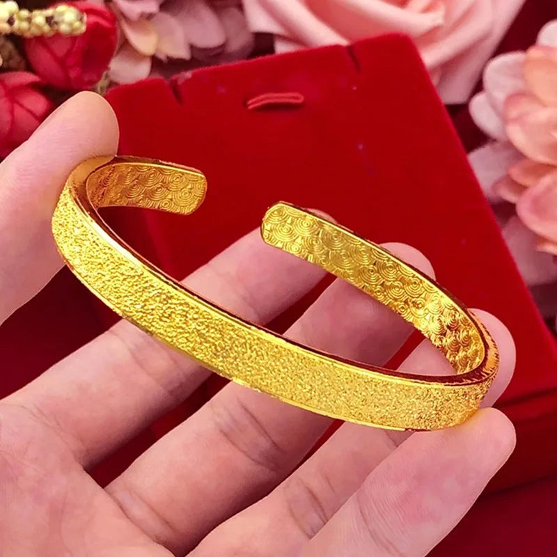 Vintage Matte Open Bangle for Men, 24K Gold, AU999 | Wide with distressed finish, authoritative ancient symbolism.