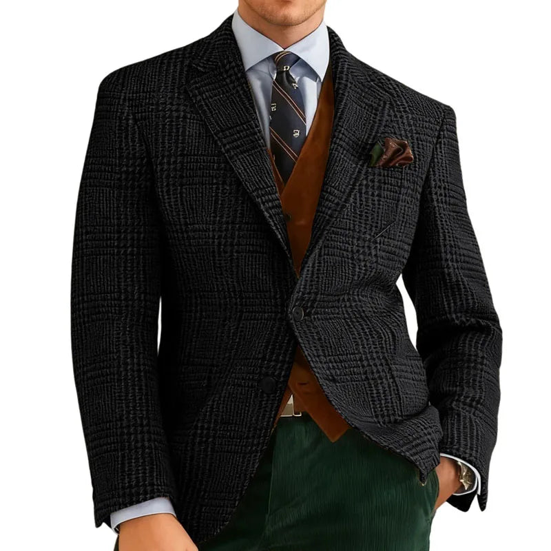 Autumn Winter Men's Suits Jacket Formal Single-Breasted Plaid Blazer Tweed Wear Tuxedos Business Casual Party Men Sport Coats