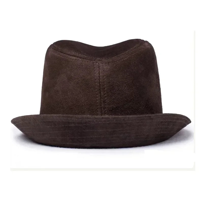 Male High Quality Genuine Leather Formal Hat Jazz Gentleman Goat Skin Suede Short Brim Brown Top Fedoras Embroidery