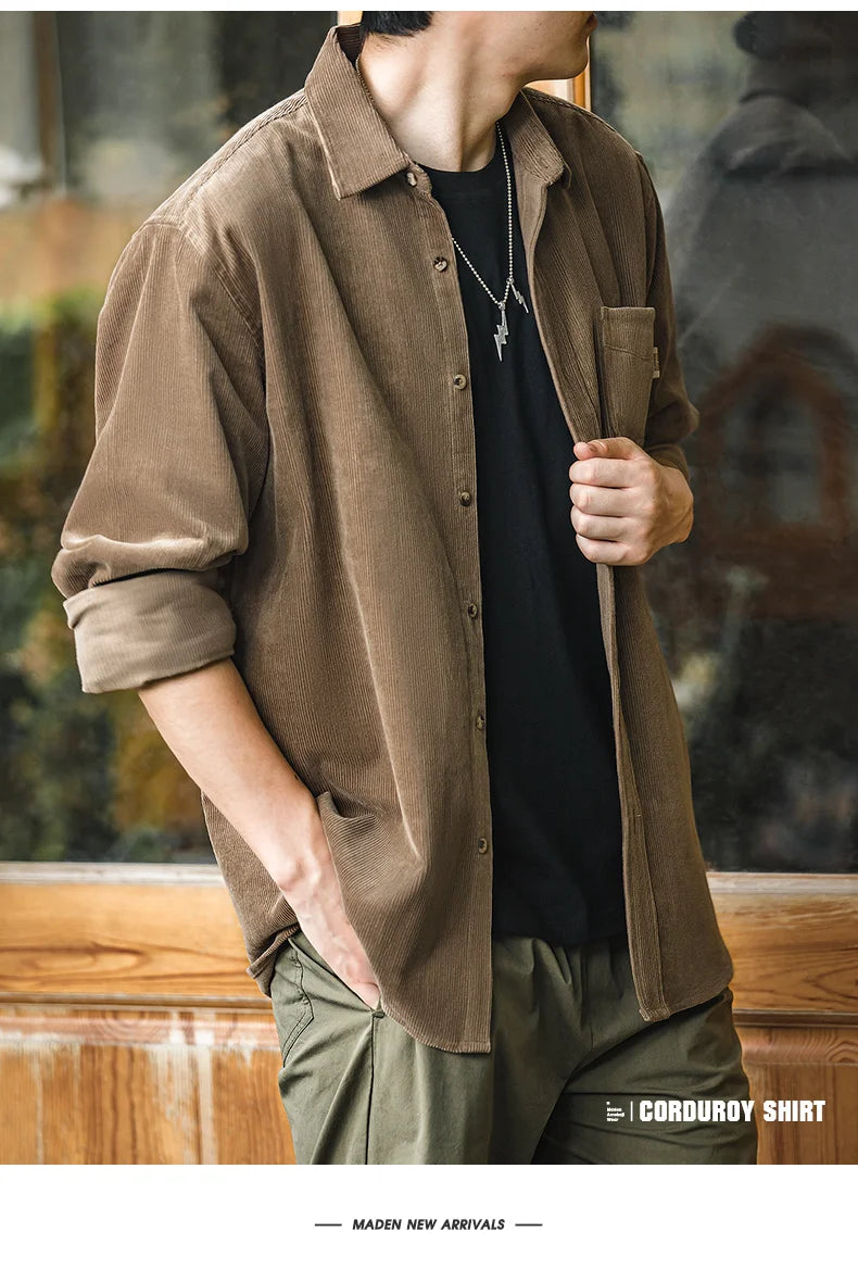 Maden Men's Shirt Casual Corduroy Long Sleeve Shirts Slim Fit Overcoat Spring Fleece Jacket Men's Clothing Retro Fashion Blouses