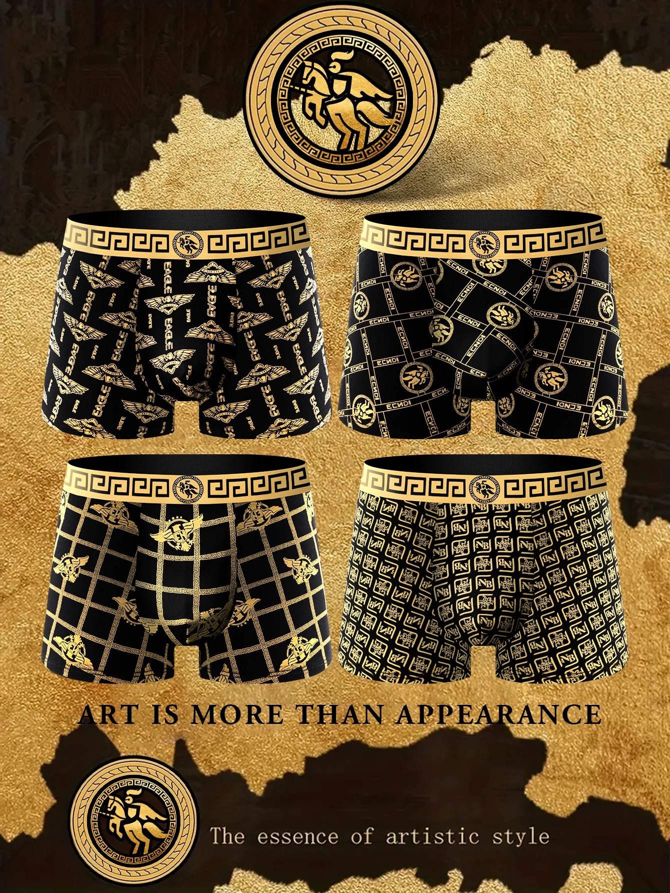 4 pieces of men's underwear, boxer shorts men's underwear, black and gold boxer underwear breathable men's plus size universal