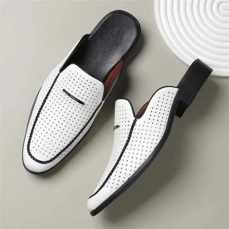 Men's Yellow White Black Half Slippers Driving Shoes 2025 New Casual Patent Leather Mules Loafers Zapatos Hombre