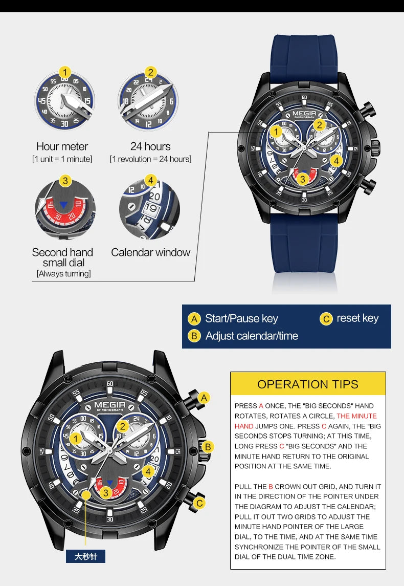 MEGIR New Sport Watches for Men Fashion Chronograph Quartz Wristwatch with Silicone Strap Luminous Hands Calendar Waterproof
