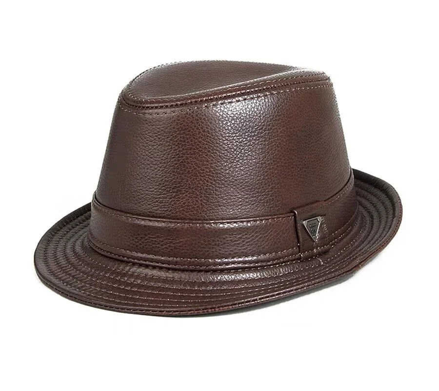 New 2023 Man High Quality Genuine Leather Jazz Fedora Gentleman CowSkin Short Brim Black/Brown Fitted Top Hat Male Shows