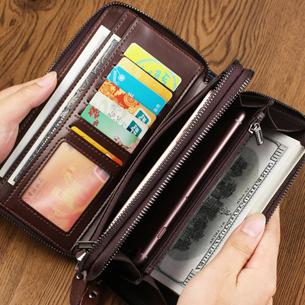 Men's wallet long wallet quality PU leather wallet men's Double Zipper Coin Pocket Purse youth business clutch Phone bag