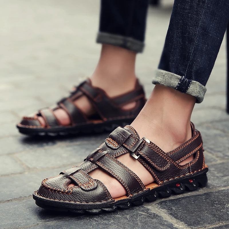 New Summer Genuine Leather Roman Men's Sandals Business Casual Shoes Outdoor Beach Wading Slippers Men's Shoes Big Size 48
