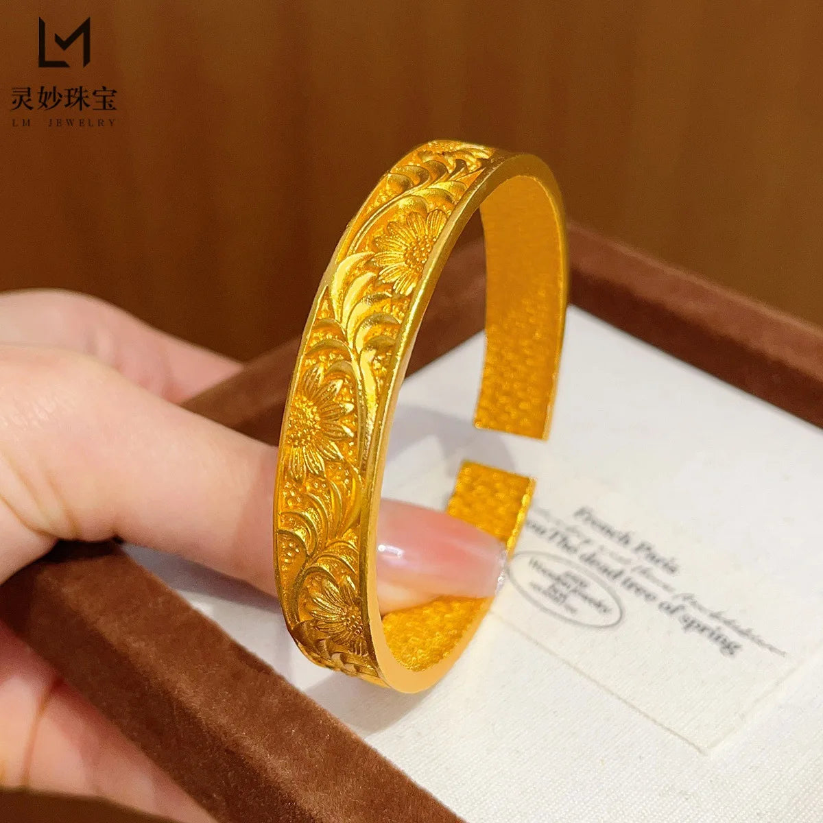 Classic Bangle Women's 24K Gold AU999 - 24K Gold Retro Fortune Flower Bangle, Carved Craft, Luxury Collection