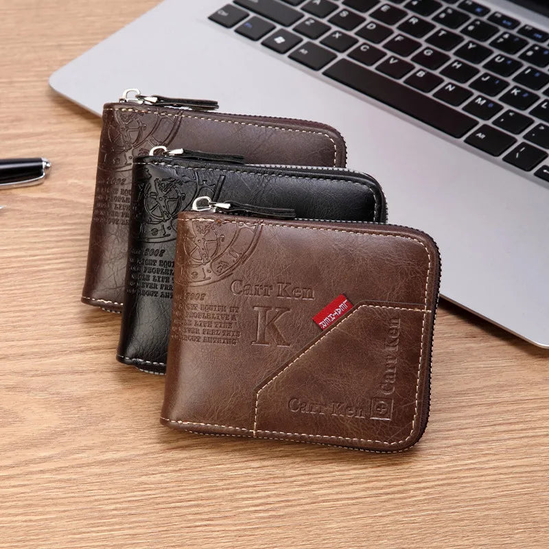 Men’s PU Waxed Oil Leather Wallet – Short Bifold Coin Purse with All-Around Zipper for Cash & Cards