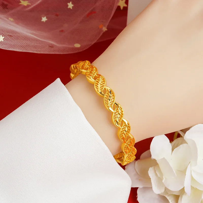 Goldpure Luxury 24K 9999 Pure Gold real gold Women's Leaf Bracelet Hollow Twist Buckle Bracelet