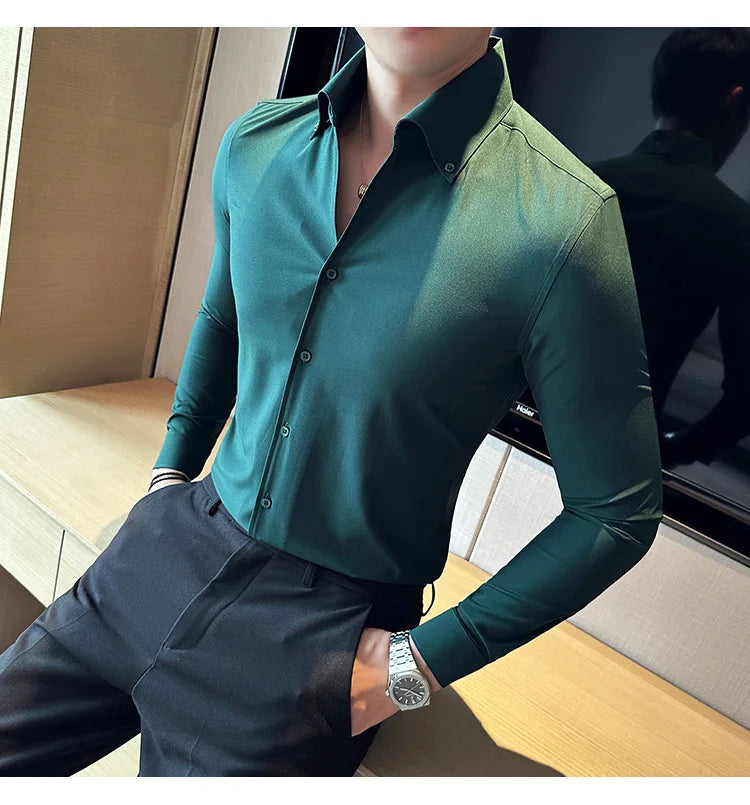 Men Dress Shirt 2025 Autumn British Style Solid Casual Slim Fit Formal Camisas V-neck Long Sleeves Shirt Streetwear Men Clothing
