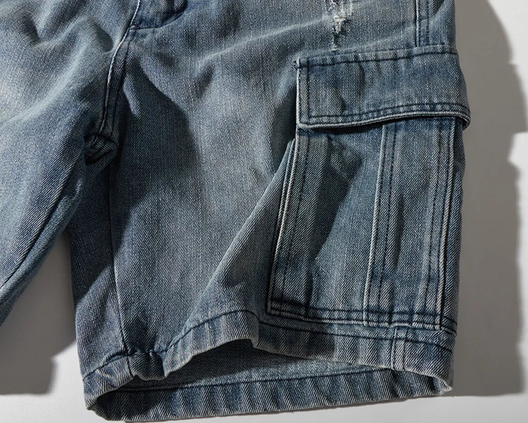 Shorts for denim men's tooling, cat's whiskers, straight pants, old retro pants, versatile multi-bag pants.