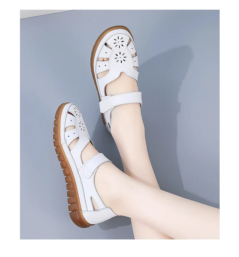 Sandals Summer Breathable Leather Slippers Women Fashion Non-Slip Casual Roman Shoes Ladies Sandals on Sale Off White Shose