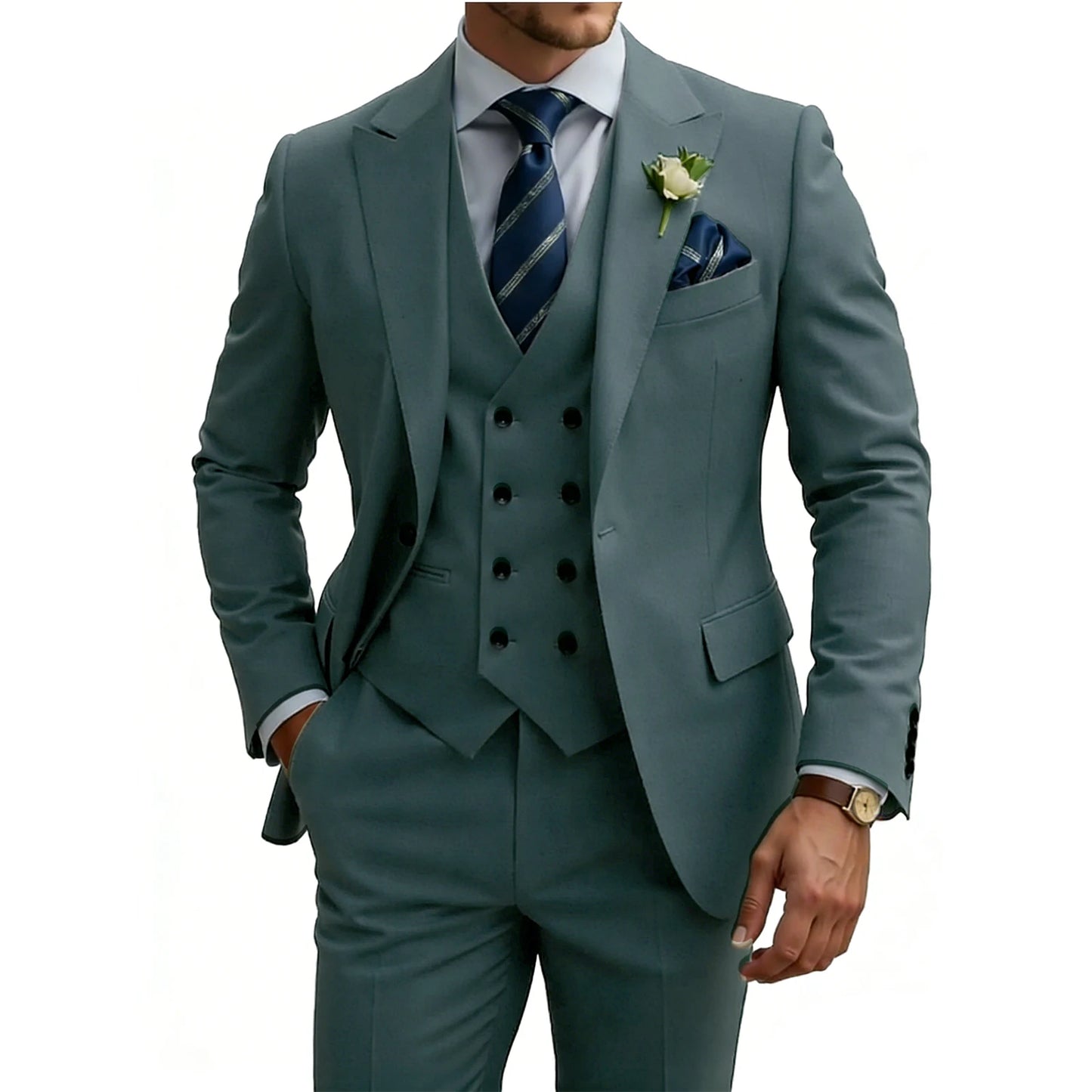 Mens 3 Piece Slim Fit For Men Double Breasted Suit Wedding Prom Suits Formal Business Dinner Tuxedo