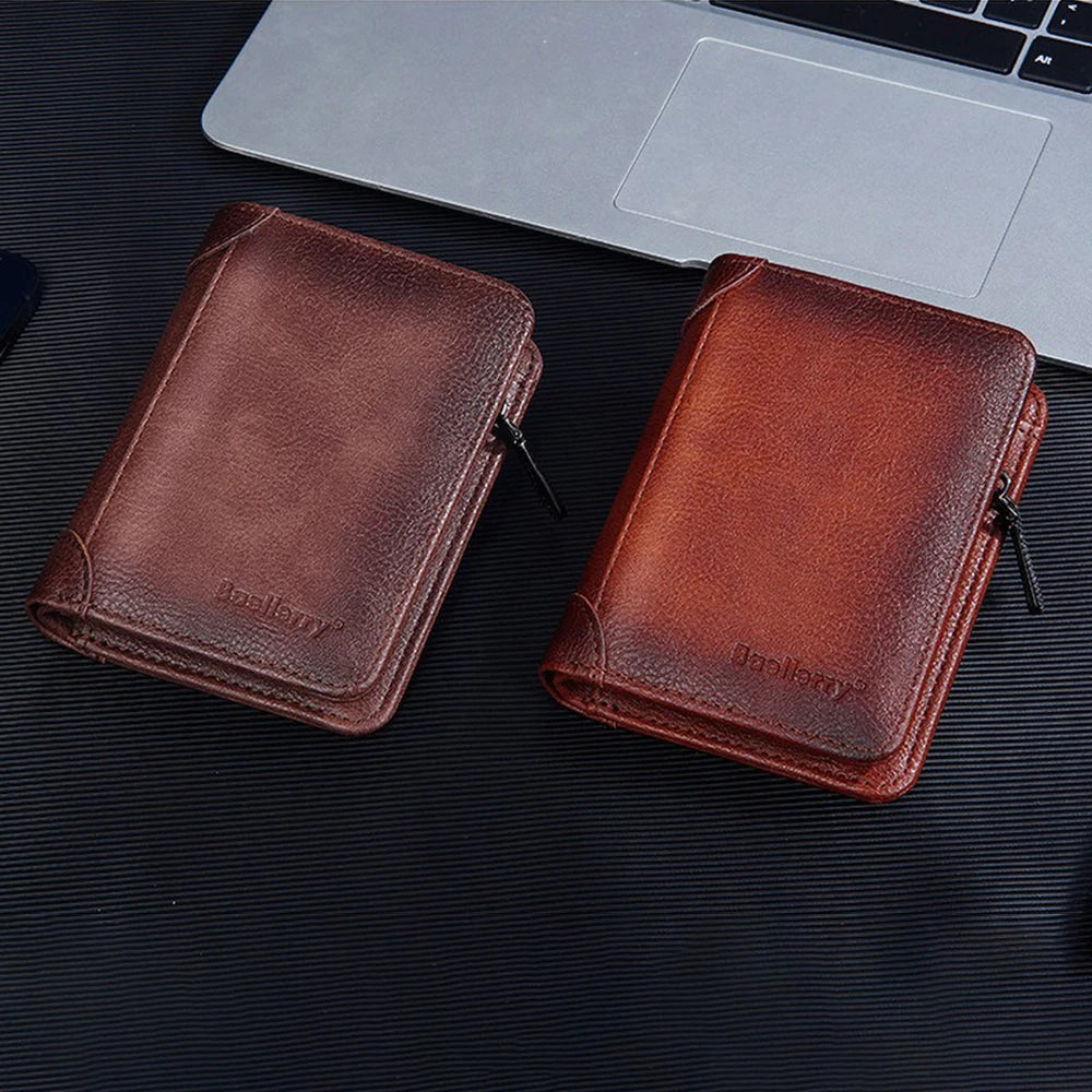 Vintage Leather Wallet for Men Baellerry RFiD Blocking Short Bifold Wallet with Zipper Closure and Coin Pocket Small Mens Purse