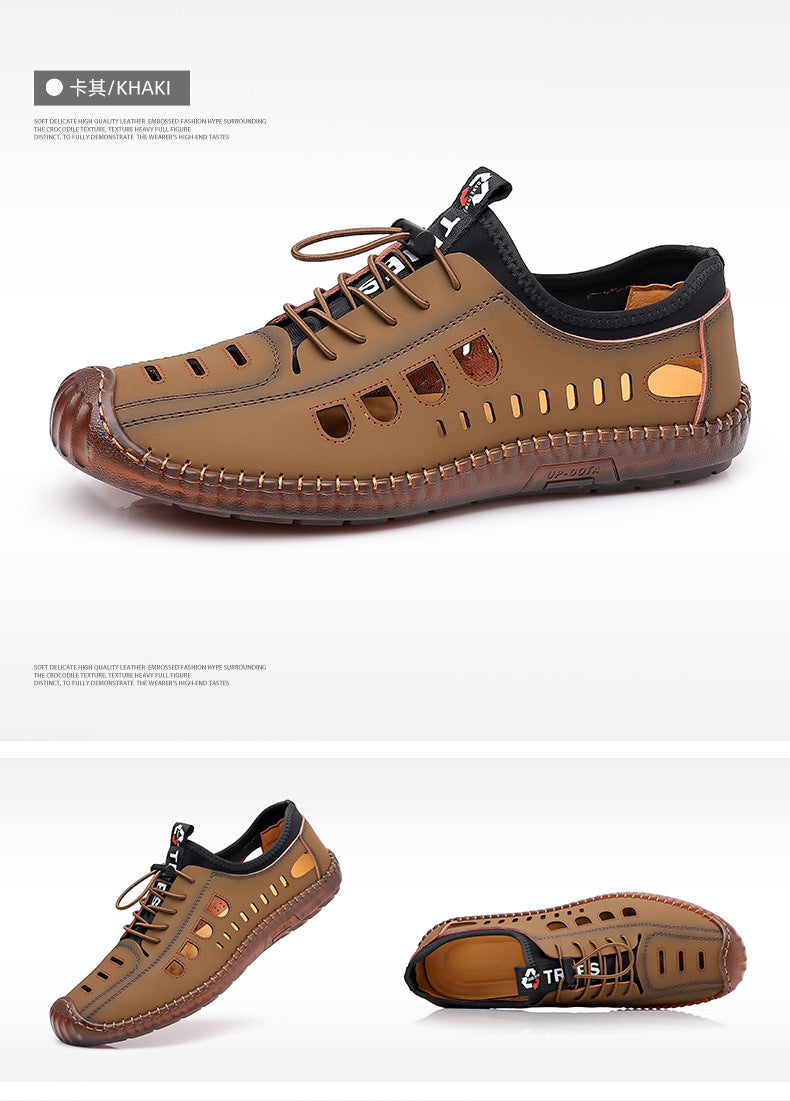 Men's Soft Leather 2024 Summer Men Leather Sandals Breathable Non-slip Cow Tendon Sole Casual Leather Shoes Outdoor Beach Shoes