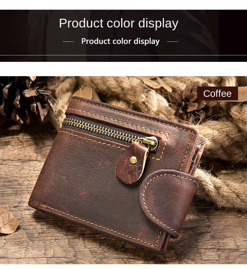 Men's Crazy Horse Leather Short Wallet Genuine Leather Buckle Wallet Vintage Top Layer Cowhide Card Holder Multi-Card  Wallet