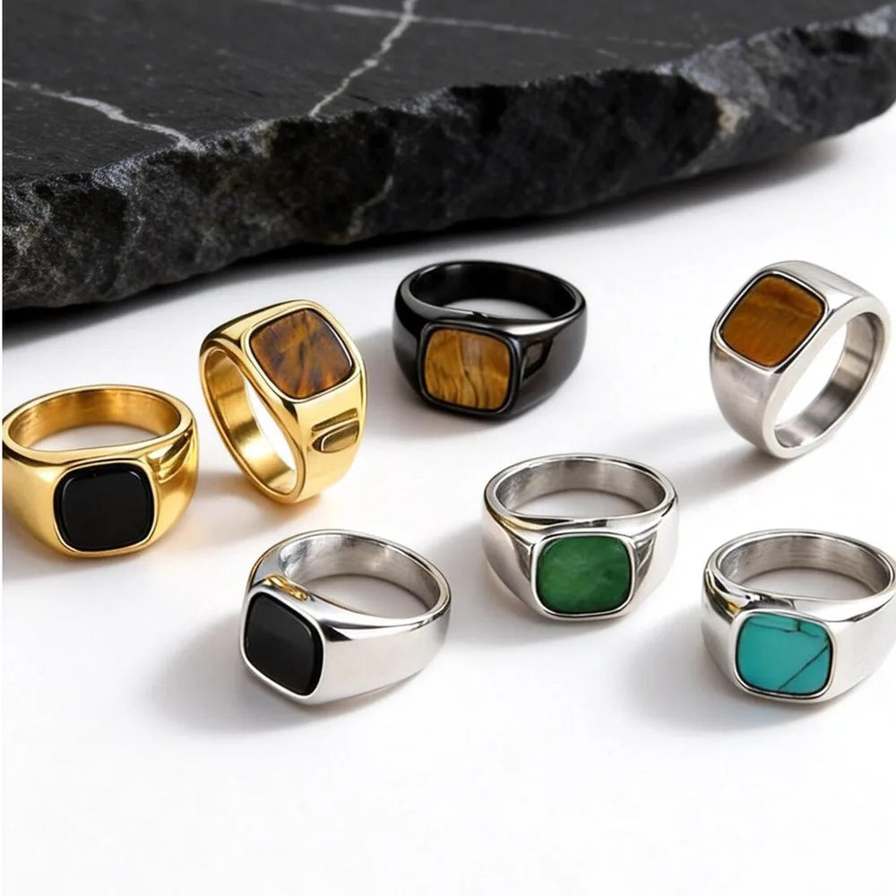 Stylish Square Natural Stone Ring for Men,Waterproof Stainless Steel Signet Ring,Birthday Party Gift for Him Dad