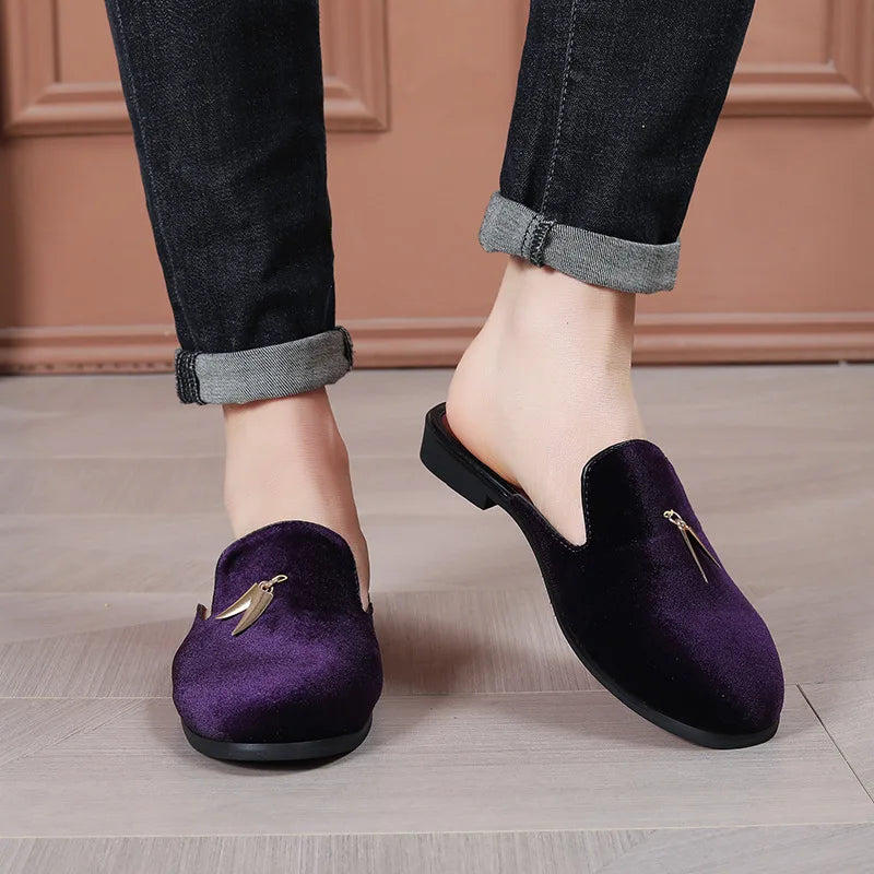 Fashion New Men Velvet Tassels Half Slippers Loafer Male Casual Purple Green Blue Black Mules Moccasins Breathable Driving Shoes
