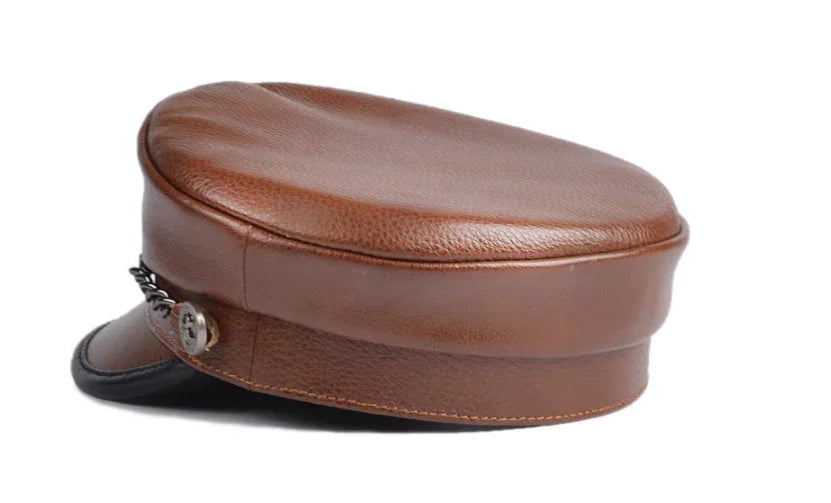 Unisex German Military Cap Man Genuine Leather Flat Top Hat Korean Fashion Eagle Mark Chain Punk Locomotive Casquette Male