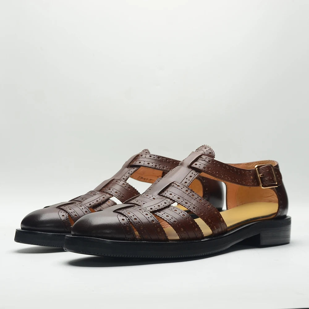 Luxury Designer Men's Summer Sandals Genuine Leather Brogue Carving Man Shoes Formal Events Social Buckle Strap Men Slippers
