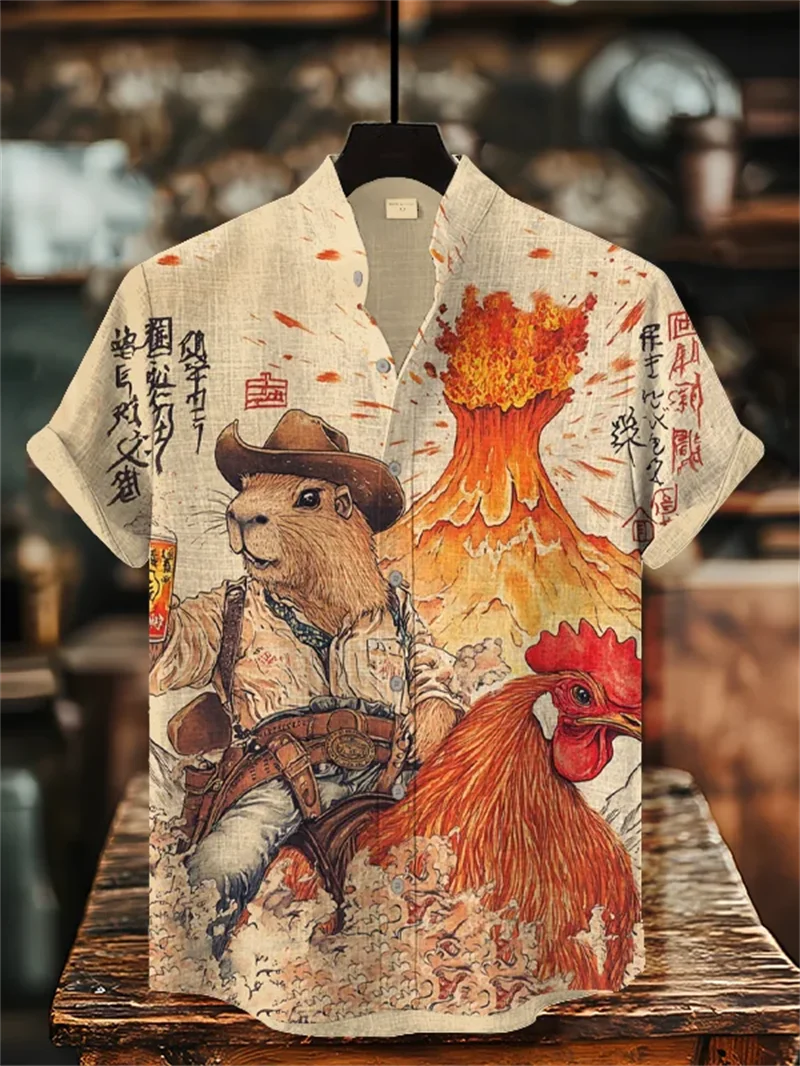 Men's new comfortable linen short sleeved shirt 3D jellyfish print maple leaf pattern button short sleeved top