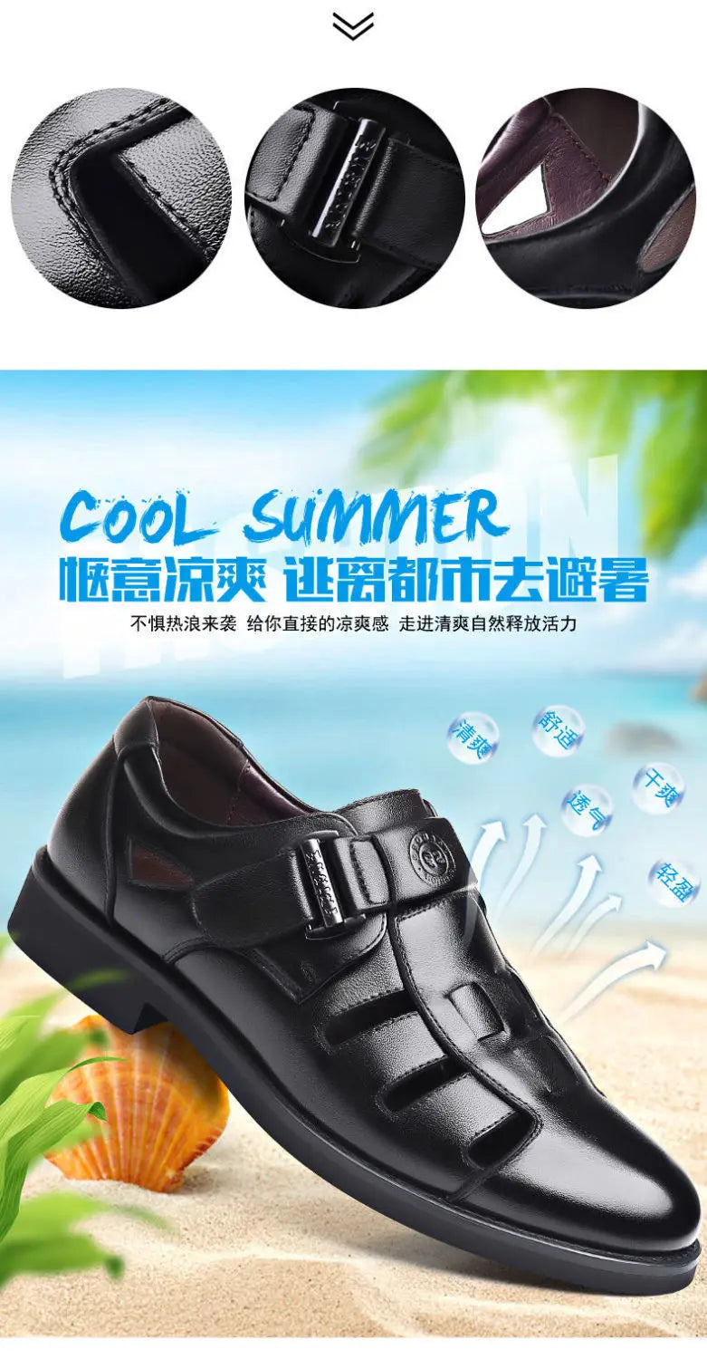 Men's Summer New Style Business Casual Genuine Leather Sandals With Hollow Outsole Anti-Slip Middle-Aged Father Leather Shoes